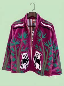 <b>Women's</b> Purple <b>Velvet</b> Zip Jacket Embroidered Panda Bamboo Stand Collar <b>Coat</b> - Product Image 3
