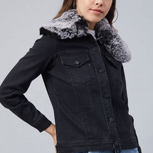 Chaqueta Vaquera Premium de Mujer con Piel Sintética, Logotipo Personalizado Impreso, Diseño Elegante con Patrón Sólido, Forro de Lana, Algodón y Spandex Puro para Invierno - Product Image 4