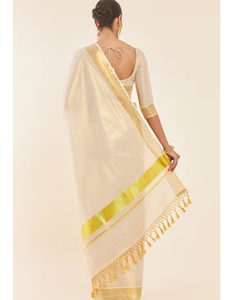 Sari en soie Kasavu KV Gold Tissue avec pallu et bordure Zari, réversible et infroissable, chemisier non cousu inclus - Product Image 2