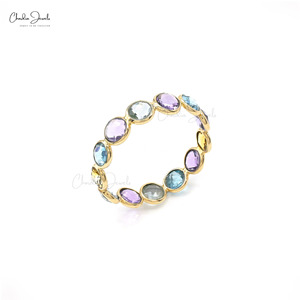 พร้อมส่ง แหวนทองคำแท้ 14K ประดับพลอยแซฟไฟร์หลากสี แหวนทำมือพลอยทรงกลมขนาด 4 มม. แหวนแบบซ้อนได้ ขายส่ง - Product Image 2