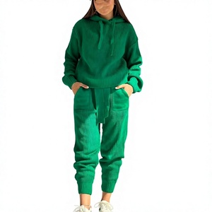 <b>Womens</b> Ribbed Knit Hoodie <b>Jogger</b> Set Two Piece Solid Green Hooded Sweatshirt Tracksuit Casual Autumn <b>Outfit</b> - Product Image 1