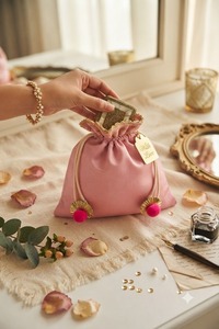 Wholesale Luxury Indian Ethnic Pink Silk Potli Bag Handcrafted Golden Gota Patti Lace Work Premium Satin Drawstring Wedding Gift - Product Image 3