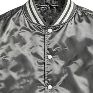 Veste bomber en satin noir pour homme ZPB, coupe classique, col rabattu, fermeture à boutons, style décontracté pour l'automne, style unisexe - Product Image 4