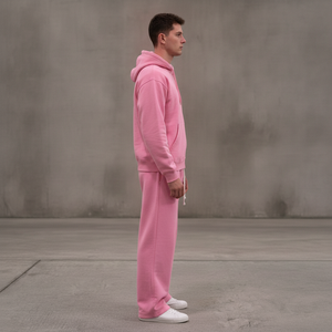 Ensemble de survêtement rose personnalisé pour homme avec sweat à capuche zippé et pantalon de survêtement, couleur unie, coupe décontractée, en molleton polyester/coton - Product Image 5