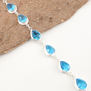 Pulsera de Cadena Fina Ajustable de Plata 925 con Topacio Azul Corte Pera Facetado y Engaste de Bisel, Joyería de Latón de Alta Gama al por Mayor - Product Image 3