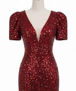 Robe longue moulante tendance pour femme avec sequins, col en V, manches bouffantes et nœud - Product Image 3