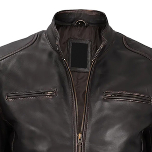 Men's Brown Genuine Leather Moto Biker Jacket Stand Collar Zipper Closure Autumn Wear Regular Fit Solid Color - Product Image 4