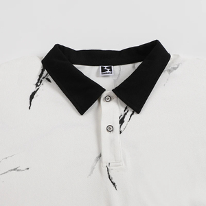 Men's Cotton Poplin <b>Polo</b> Shirt Short Sleeve <b>White</b> Marble Print Black Collar Striped Sleeves Casual Breathable Style - Product Image 3