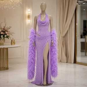 Lavender Crystal Beaded Mermaid Evening Gown Feather Shawl Designer Halter Neck High Slit Sweep Train Prom <b>Dress</b> Glamorous <b>Dress</b> - Product Image 4