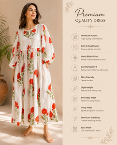 Vestido Largo de Fiesta Boho para Mujer, Estampado a Mano, de Algodón, con Mangas Abullonadas, Cuello con Lazo, Ecológico, Transpirable, Talla XS, Color Rojo Floral - Product Image 4