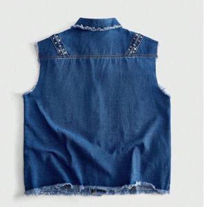 Gilet en jean à col rabattu, couleur unie, vêtement d'extérieur décontracté, en coton tissé, simple boutonnage, détails effilochés, idéal pour le printemps - Product Image 2