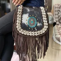 Tas bermerek desain baru tas bahu dengan pinggiran batu kulit bulu kulit sapi Bergaya Unik tas kulit wanita