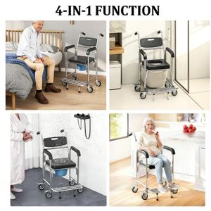 Silla de Ducha y Transporte con Ruedas Negra, Asiento de Inodoro con Función de Desplazamiento, Equipo de Seguridad para Baño - Product Image 4