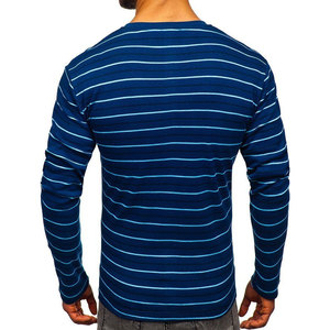 T-shirt en tricot à manches longues pour homme, bleu rayé, col rond, coupe classique, style décontracté - Product Image 3