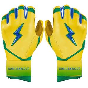 Bruce <b>Bolt</b> Yellow Green Batting Gloves With Blue Lightning Logo <b>Hook</b> And Loop Closure Unisex Adult Training Glove - Product Image 1