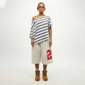 Camiseta Popular de Mujer con Hombros Descubiertos, Logotipo Estampado, Cuello Redondo, Manga Corta, Holgada, Ecológica, Transpirable, de Jersey a Rayas - Product Image 6