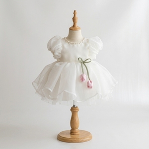 Robe de Soirée de Luxe Enchantée pour Bébé, Robe de Princesse en Organza et Tulle Ivoire, Manches Bouffantes, Col Perlé, Applique Tulipe 3D, Boutique Enfants - Product Image 1