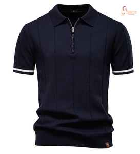 Men's Knitted Short Sleeve Half Zip <b>Polo</b> Shirt Solid Color Casual Design Green with <b>Orange</b> Trim - Product Image 1