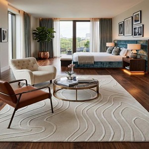 Luxury Ivory Textured Area Rug Hand Tufted Wavy Line Carpet Wool Viscose Modern <b>Floor</b> Mat for Living Room Decor Cozy Elegance - Product Image 1
