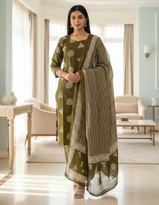 ชุดเซ็ตสามชิ้นผ้าฝ้ายเซรามิกสำหรับผู้หญิง 60-60 ลายพิมพ์แบบดั้งเดิมสำหรับงานปาร์ตี้ เสื้อคุर्ตา กางเกงขายาว ผ้าคลุมไหล่ สไตล์ลำลอง ชุดพื้นเมือง คุณภาพส่งออก - Product Image 6