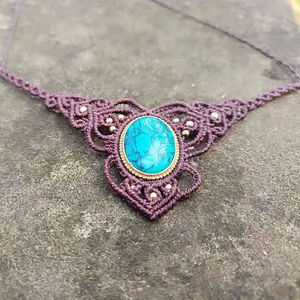 Handmade Turquoise Macrame <b>Necklace</b> Purple Intricate Macrame Pendant Boho Tribal Healing Crystal Gemstone Jewelry for Women - Product Image 1