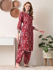 Kurta en coton imprimé floral rouge pour femme, manches pompons, style ethnique, longueur midi, coupe classique, tenue décontractée, Inde Pakistan, séchage rapide - Product Image 5
