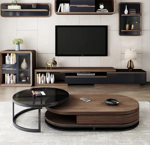 Table basse carrée et demi-ronde double face en forme de table basse en bois finition noyer - Product Image 4