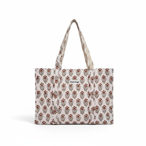 Women's Floral Print Cotton Canvas Tote Bag Large Capacity Casual Shopping <b>Handbag</b> with Pink Checkered Trim - Product Image 1