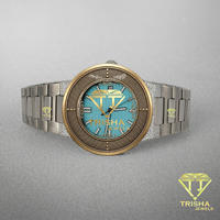 Montre-bracelet unisexe de luxe vintage automatique mécanique en acier inoxydable, bracelet bicolore or et argent, cadran turquoise, bouton poussoir