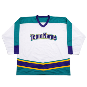 Camiseta de Hockey sobre Hielo Sublimada Personalizada en Blanco, Verde Azulado y Morado, Uniforme de Hockey Profesional con Nombre del Equipo, Camiseta Deportiva Transpirable para Hombre - Product Image 1