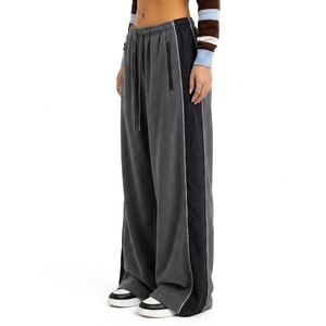 Women's Lightweight 100% Cotton Mid Waist Wide Leg <b>Trousers</b> Elastic Drawstring Casual Loose Fit Sweatpants <b>Zip</b> Pockets <b>Side</b> - Product Image 3