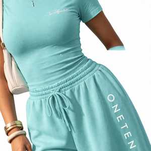 Pantalon de jogging décontracté pour femme Oneten Apparel, couleur vert sarcelle, coupe large, 100 % coton, devant plat, cordon élastique, imprimé lettres - Product Image 6