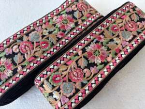 Ribete de encaje bordado floral tradicional de lujo sobre base negra para vestidos de novia, bordes de sari, decoración de prendas y uso en alta costura - Product Image 5