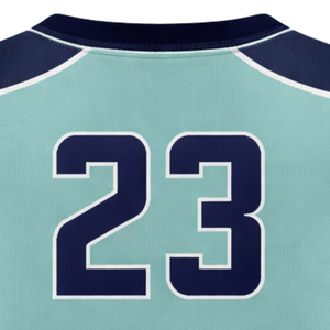 Maillot de softball sans manches à sublimation intégrale, bleu sarcelle et marine, col en V, design à panneaux, uniforme d'équipe personnalisé avec numéro au dos - Product Image 6