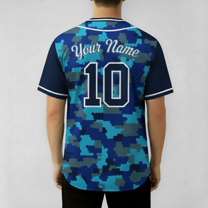 Camiseta de béisbol de camuflaje azul personalizada para hombre, camiseta de uniforme de poliéster transpirable con número 10 y nombre del equipo, manga corta - Product Image 3