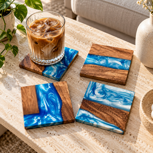Sous-verres carrés en bois et résine faits à la main, écologiques, réutilisables, couleur/logo personnalisés, style Wabi-Sabi, bois de noyer naturel - Product Image 1