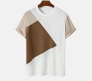 Camiseta de Punto de Manga Corta con Cuello Redondo para Hombre, Diseño Geométrico con Bloques de Color, Corte Regular Informal, Patrón Blanco, Beige y Marrón - Product Image 1