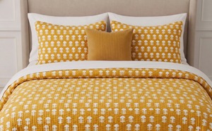 Boho Cotton Yellow Floral Kantha Quilt Handmade Block Print Reversible Bed Cover Floral <b>Bedding</b> - Product Image 4