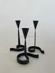 Set of 3 Elegant <b>Black</b> Metal Hand Forged Candlestick Holders Home & Christmas Decorative <b>Lanterns</b> and Jars - Product Image 2