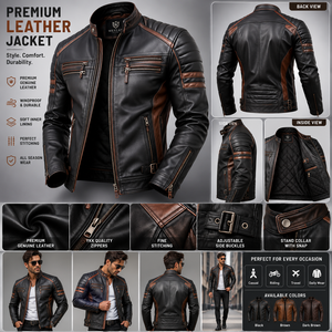 Custom Men's <b>Vintage</b> Leather Motorcycle <b>Jacket</b> Black Brown Genuine Leather <b>Biker</b> <b>Jacket</b> Quilted Lining OEM Wholesale - Product Image 5