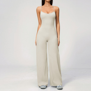 Wholesale Women Activewear Seamless <b>Wide</b>-Leg Yoga Jumpsuit Cross <b>Straps</b> Backless Fitness Romper Casual Sporty Bodysuit - Product Image 2