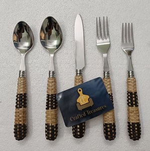 Creative Design Rattan woven Handle Flateware <b>Set</b> 18/<b>8</b> Stainless Steel 5-Piece <b>Set</b> Mirror Polish Durable Eco-Friendly Utensil - Product Image 4