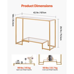 Modern 2-Tier Rectangle Console <b>Table</b> with Tempered Glass Top and Iron Legs Golden <b>Sofa</b> <b>Side</b> <b>Table</b> and Desk - Product Image 3
