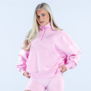 Sweat-shirts à col montant pour femmes, rose bonbon, en molleton de coton, avec fermeture éclair quart, coupe oversize, confortables, qualité supérieure, vente en gros, logo personnalisé - Product Image 2