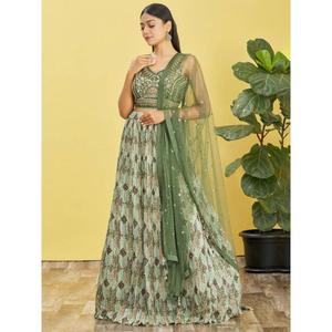Attractive <b>Green</b> Embroidered Work Chinon Reception Lehenga Choli - Product Image 6