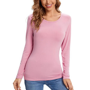 T-shirt décontracté à manches longues pour femme, col rond, couleur unie, tricoté, coupe ajustée, rose - Product Image 3
