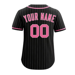 Maillot de baseball noir à fines rayures avec passepoil rose, entièrement boutonné, respirant, séchage rapide, en maille polyester, personnalisable avec nom, numéro et logo - Product Image 2