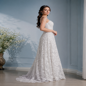 Robe de mariée de luxe en dentelle florale ivoire pour femme, élégante robe de mariée princesse sans manches, robe de créateur coupe A-line pour réception, maxi couture - Product Image 2