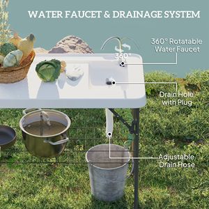 Table de nettoyage de poisson pliante blanche portable avec étagère de pulvérisateur de tuyau de drainage de robinet d'évier pour le camping - Product Image 4
