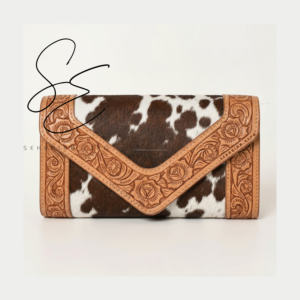 Western Tooled Leather Envelope Wallet Women Hair On Cowhide V Flap Clutch Floral Hand Carved <b>Purse</b> Custom OEM <b>Long</b> Wallet - Product Image 2